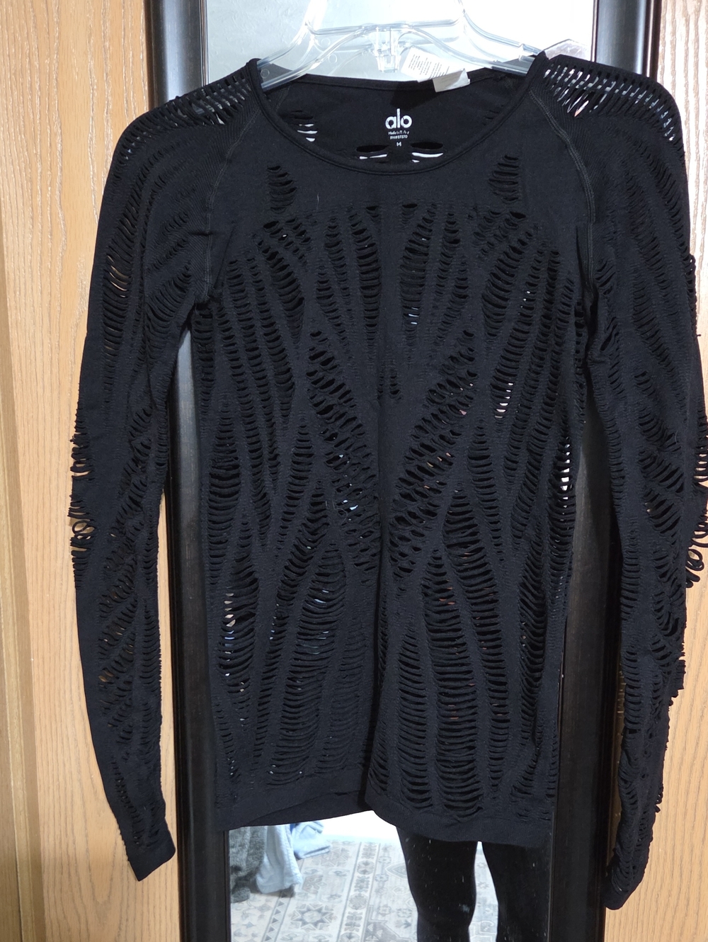 ALO Yoga Black Distressed Open-Knit Crew Top